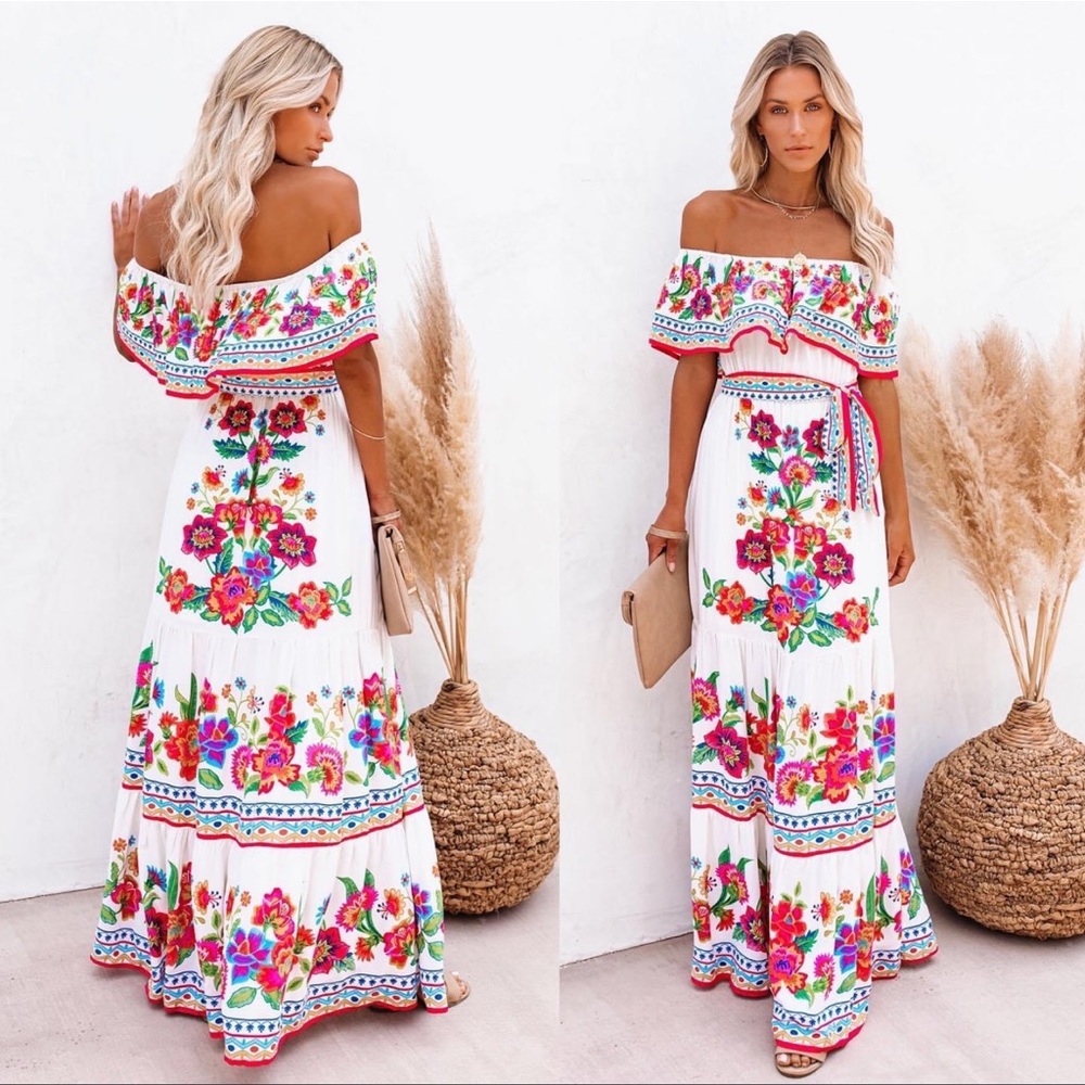 VICI Mamanuca Floral Off Shoulder Maxi Dress Ivory Size S